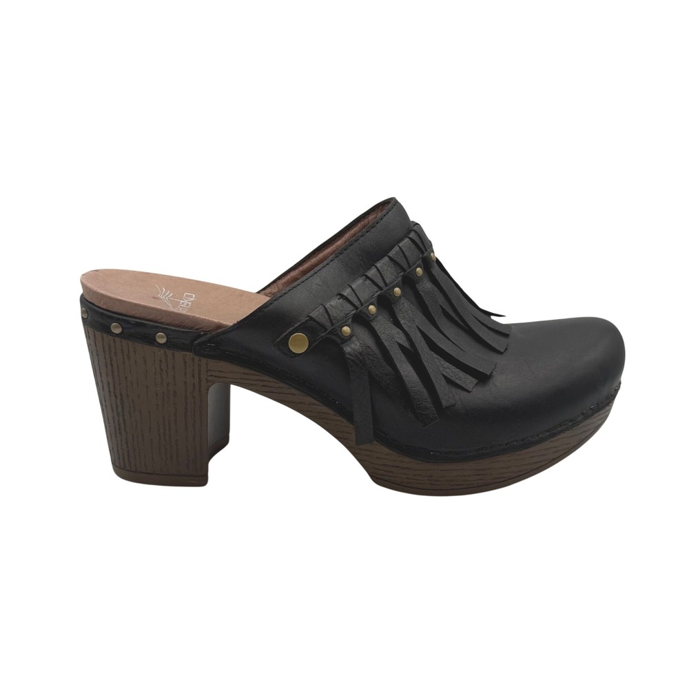 Dansko Black Leather Fringe Studded Mules Clogs Size 38 Boho Block Heel Shoes